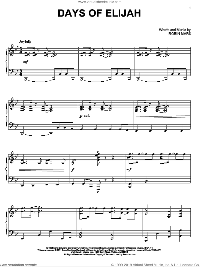 Days Of Elijah, (intermediate) sheet music for piano solo by Robin Mark, intermediate skill level