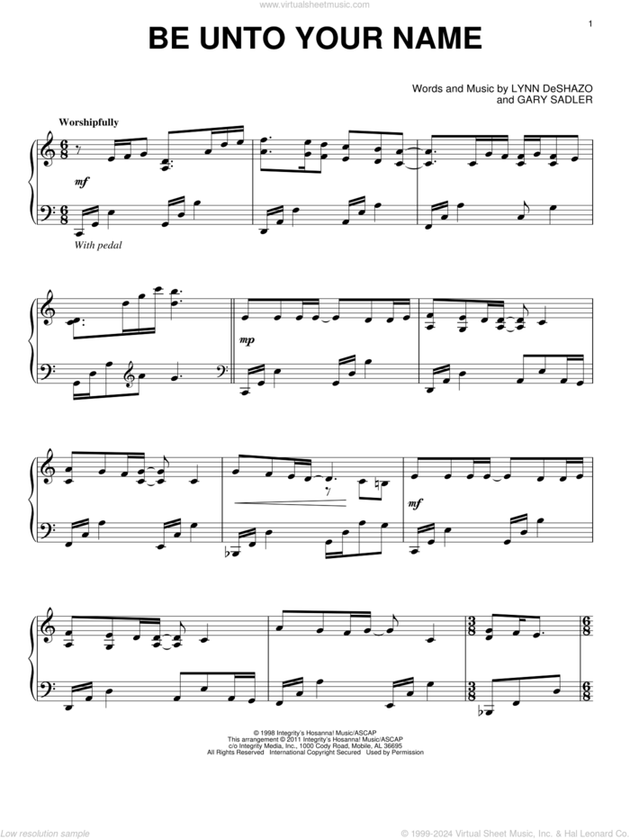 Be Unto Your Name, (intermediate) sheet music for piano solo by Robin Mark, Gary Sadler and Lynn DeShazo, wedding score, intermediate skill level