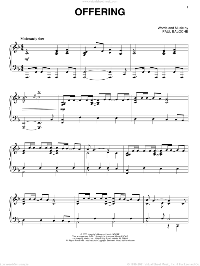 Offering sheet music for piano solo by Paul Baloche, intermediate skill level