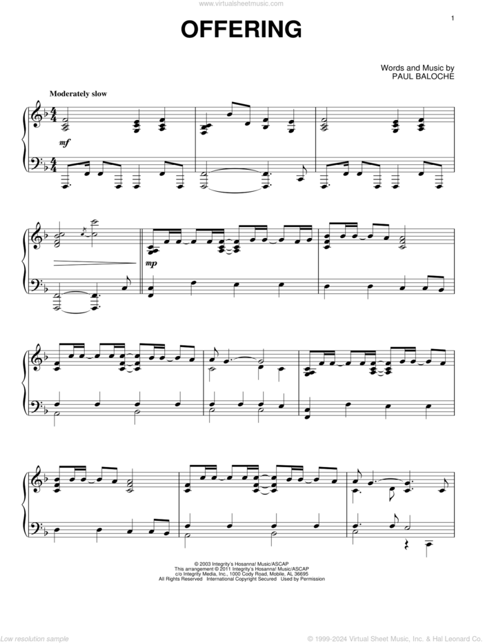 Offering, (intermediate) sheet music for piano solo by Paul Baloche, intermediate skill level