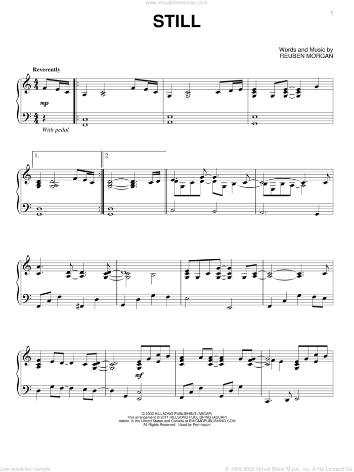 Still sheet music for piano solo by Hillsong Worship, Hillsong and Reuben Morgan, intermediate skill level