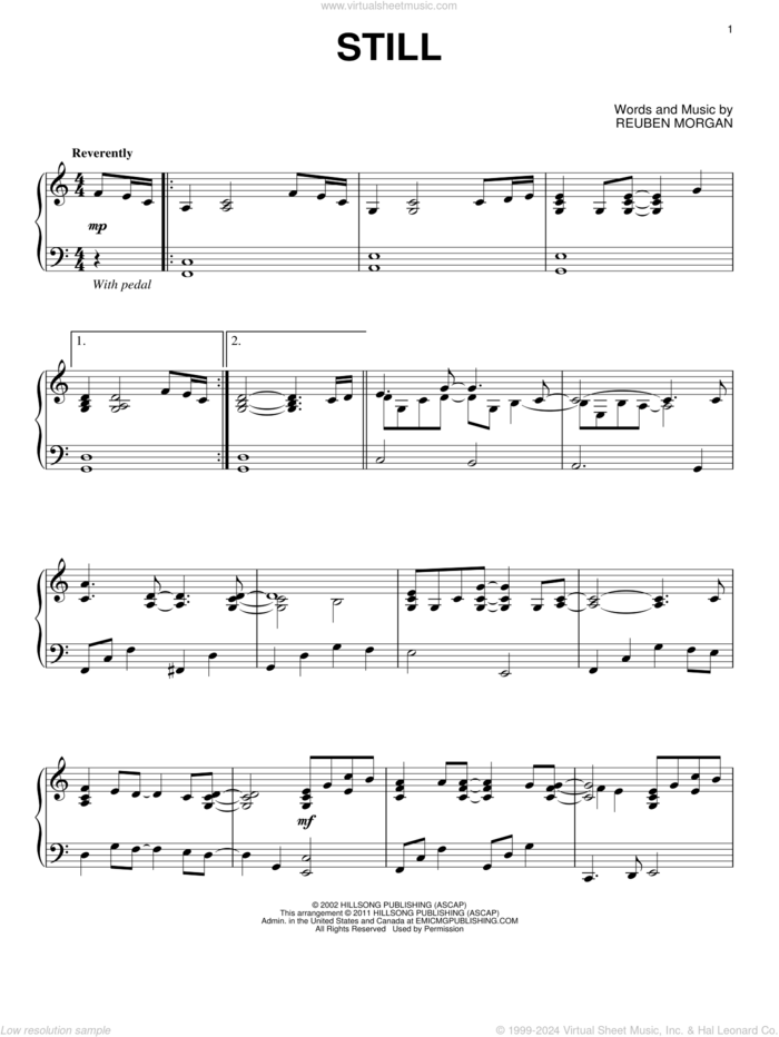 Still, (intermediate) sheet music for piano solo by Hillsong Worship, Hillsong and Reuben Morgan, intermediate skill level