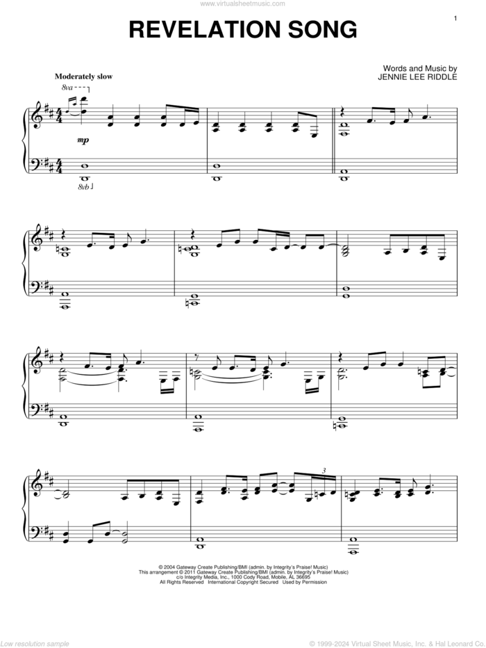 Revelation Song, (intermediate) sheet music for piano solo by Gateway Worship and Jennie Lee Riddle, intermediate skill level