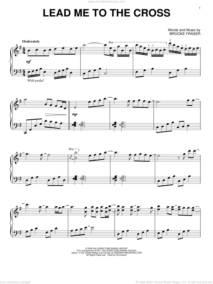 Lead Me To The Cross, (intermediate) sheet music for piano solo by Hillsong United and Brooke Fraser, intermediate skill level