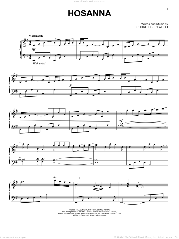 Hosanna, (intermediate) sheet music for piano solo by Hillsong United and Brooke Fraser, intermediate skill level