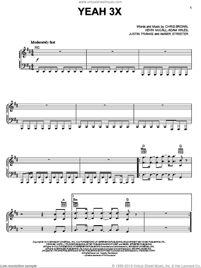 Yeah 3X sheet music for voice, piano or guitar by Chris Brown, Adam Wiles, Amber Streeter, Justin Franks and Kevin McCall, intermediate skill level