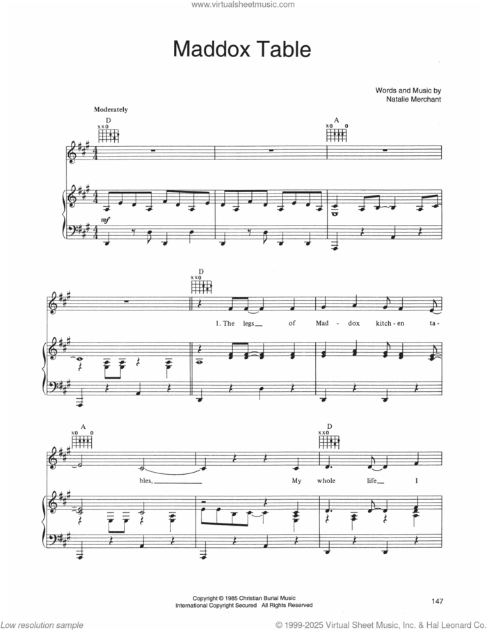 Maddox Table sheet music for voice, piano or guitar by 10,000 Maniacs and Natalie Merchant, intermediate skill level