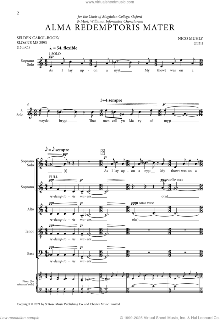 Alma Redemptoris Mater sheet music for choir (SATB: soprano, alto, tenor, bass) by Nico Muhly, intermediate skill level