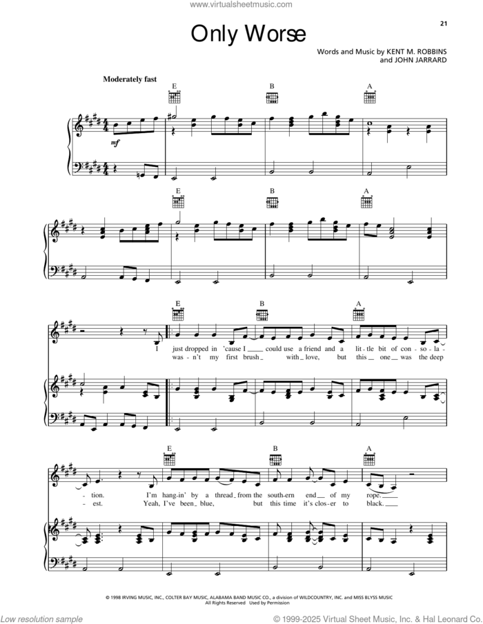 Only Worse sheet music for voice, piano or guitar by Randy Travis, John Jarrard and Kent M. Robbins, intermediate skill level