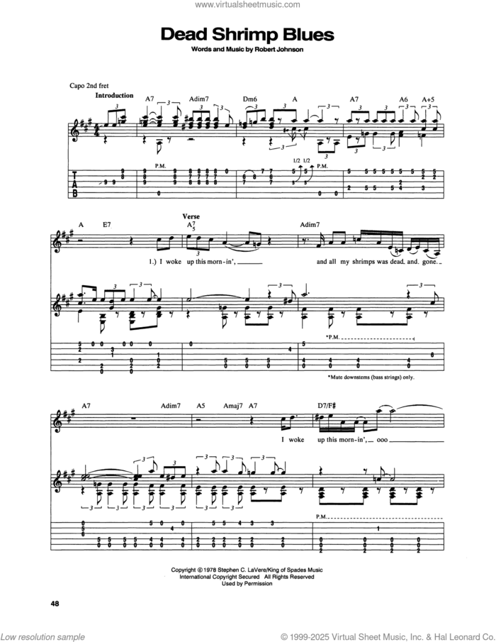 Dead Shrimp Blues sheet music for guitar (tablature) by Robert Johnson, intermediate skill level