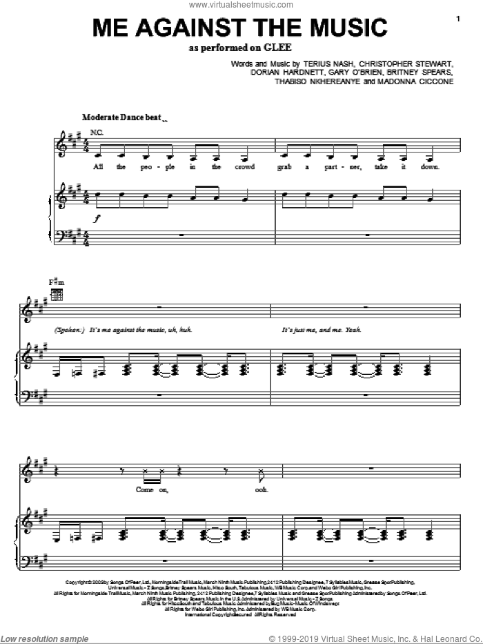 Me Against The Music sheet music for voice, piano or guitar by Glee Cast, Britney Spears, Madonna, Miscellaneous, Christopher Stewart, Dorian Hardnett, Terius Nash and Thabiso Nkhereanye, intermediate skill level