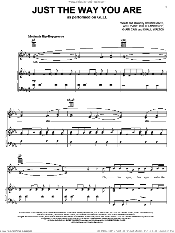 Just The Way You Are sheet music for voice, piano or guitar by Glee Cast, Miscellaneous, Ari Levine, Bruno Mars, Khalil Walton, Khari Cain and Philip Lawrence, wedding score, intermediate skill level