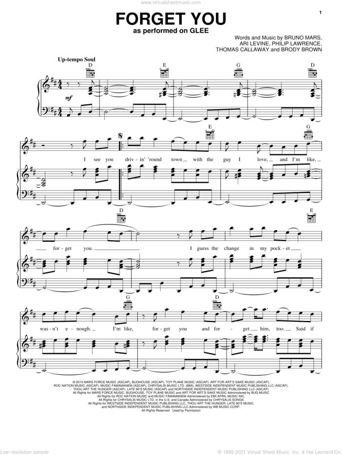 Forget You sheet music for voice, piano or guitar by Glee Cast, Cee Lo Green, Miscellaneous, Ari Levine, Bruno Mars, Philip Lawrence and Thomas Callaway, intermediate skill level