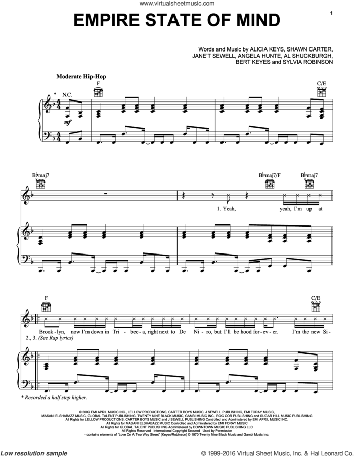 Empire State Of Mind sheet music for voice, piano or guitar by Glee Cast, Jay-Z, Jay-Z featuring Alicia Keys, Miscellaneous, Al Shuckburgh, Alicia Keys, Angela Hunte, Bert Keyes, Shawn Carter and Sylvia Robinson, intermediate skill level