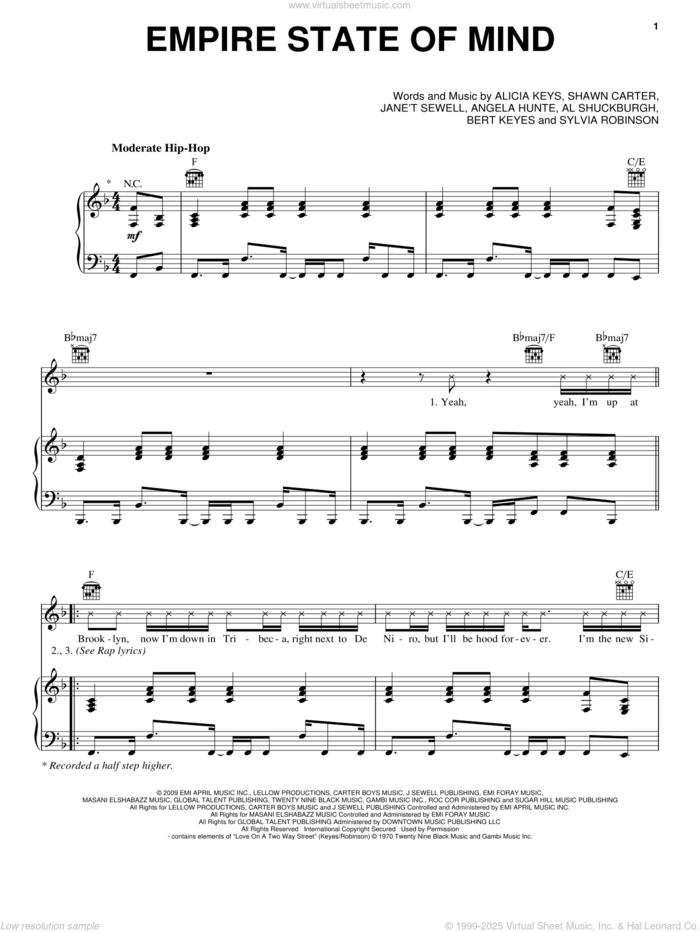 Empire State Of Mind sheet music for voice, piano or guitar by Glee Cast, Jay-Z, Jay-Z featuring Alicia Keys, Miscellaneous, Al Shuckburgh, Alicia Keys, Angela Hunte, Bert Keyes, Shawn Carter and Sylvia Robinson, intermediate skill level