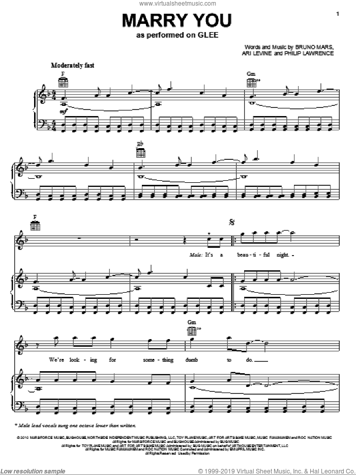 Marry You sheet music for voice, piano or guitar by Glee Cast, Miscellaneous, Ari Levine, Bruno Mars and Philip Lawrence, wedding score, intermediate skill level