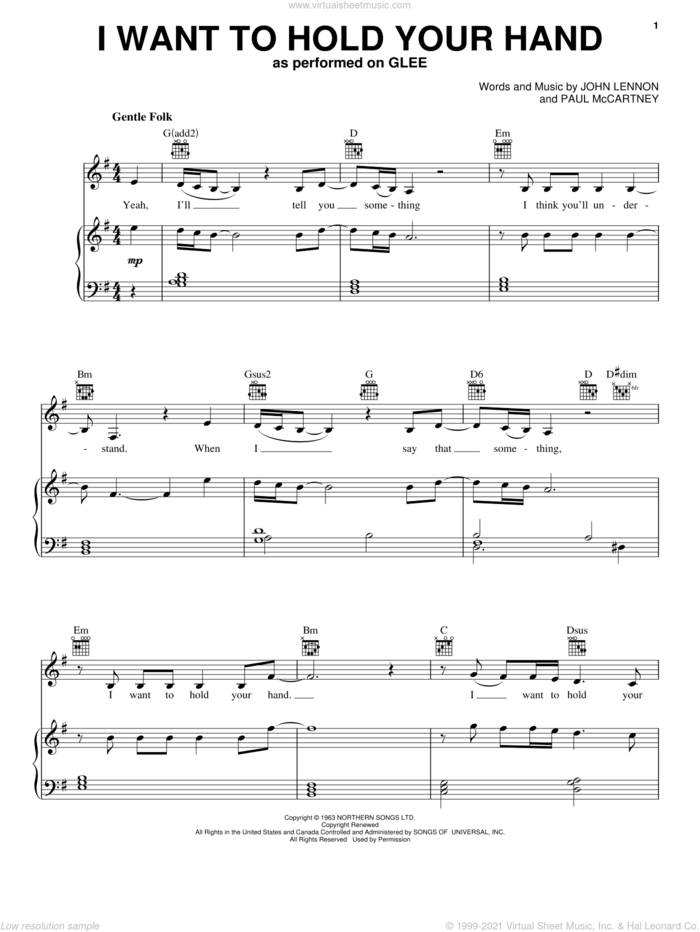 I Want To Hold Your Hand sheet music for voice, piano or guitar by Glee Cast, Across The Universe (Movie), Miscellaneous, The Beatles, John Lennon and Paul McCartney, intermediate skill level