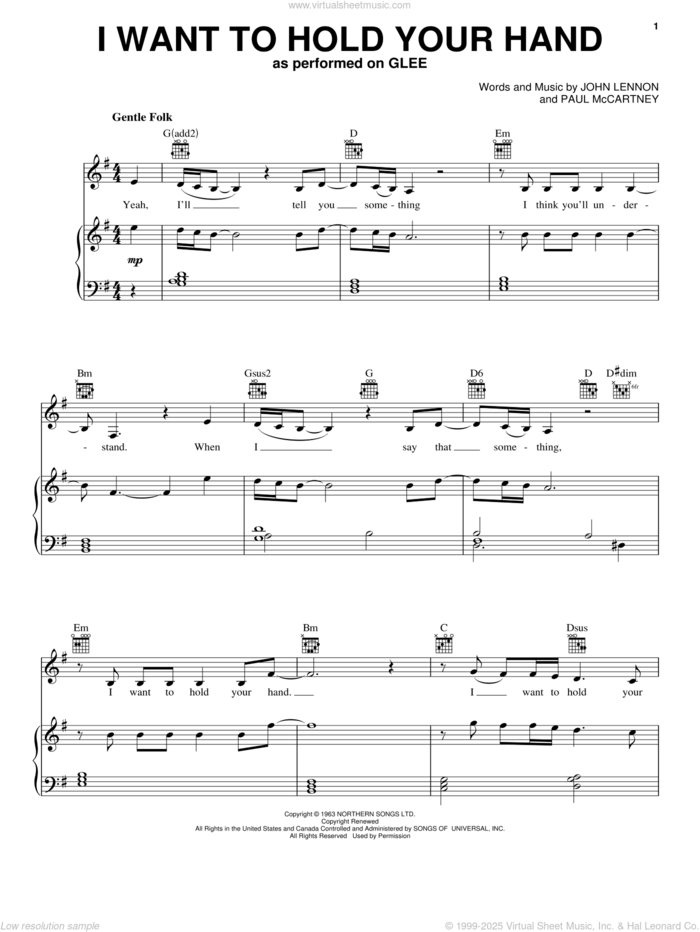 I Want To Hold Your Hand sheet music for voice, piano or guitar by Glee Cast, Across The Universe (Movie), Miscellaneous, The Beatles, John Lennon and Paul McCartney, intermediate skill level