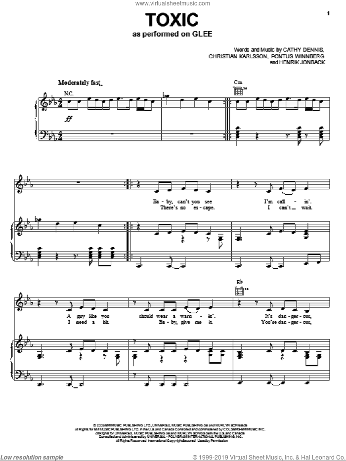 Toxic sheet music for voice, piano or guitar by Glee Cast, Britney Spears, Miscellaneous, Cathy Dennis, Christian Karlsson, Henrik Jonback and Pontus Winnberg, intermediate skill level