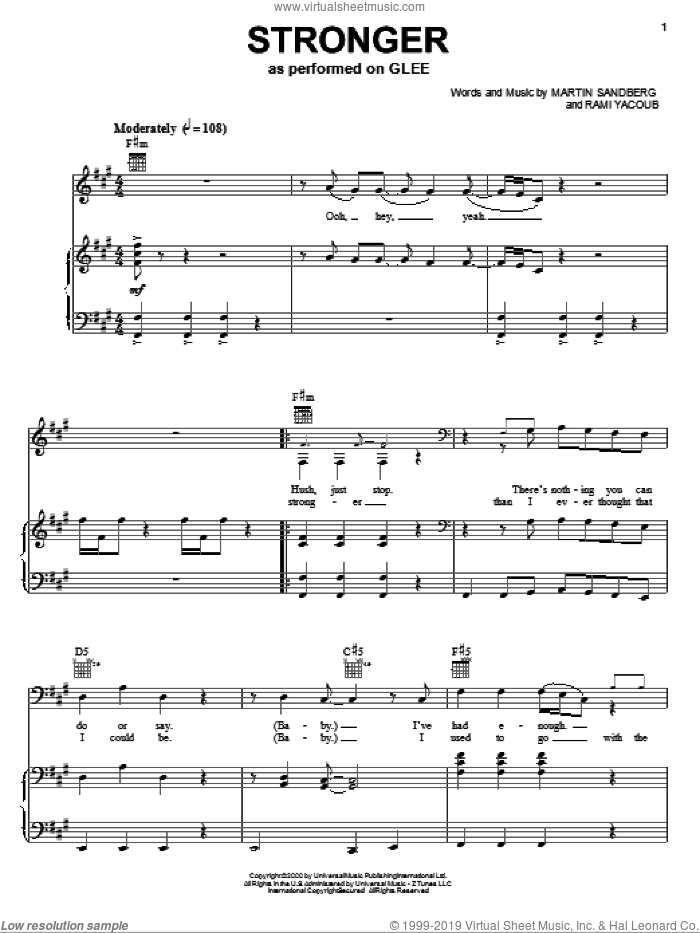 Stronger sheet music for voice, piano or guitar by Glee Cast, Britney Spears, Miscellaneous, Martin Sandberg and Rami, intermediate skill level