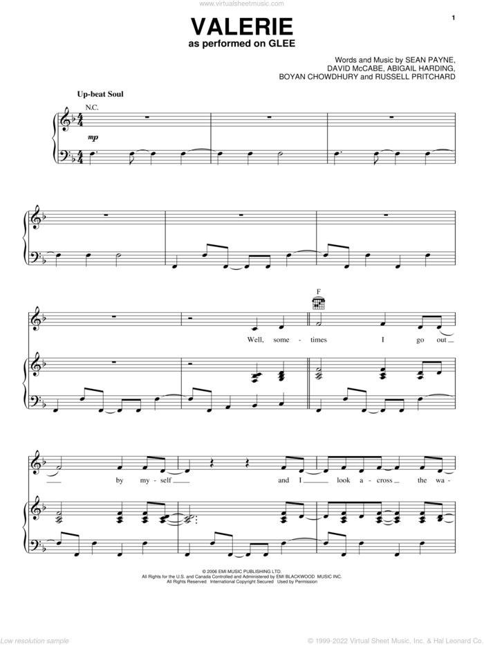 Valerie sheet music for voice, piano or guitar by Glee Cast, Amy Winehouse, Mark Ronson, Miscellaneous, The Zutons, Abi Harding, Boyan Chowdhury, David McCabe, Russell Pritchard and Sean Payne, intermediate skill level