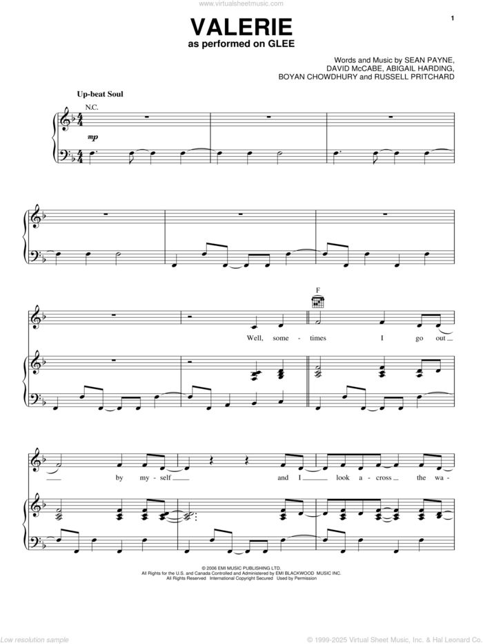 Valerie sheet music for voice, piano or guitar by Glee Cast, Amy Winehouse, Mark Ronson, Miscellaneous, The Zutons, Abi Harding, Boyan Chowdhury, David McCabe, Russell Pritchard and Sean Payne, intermediate skill level