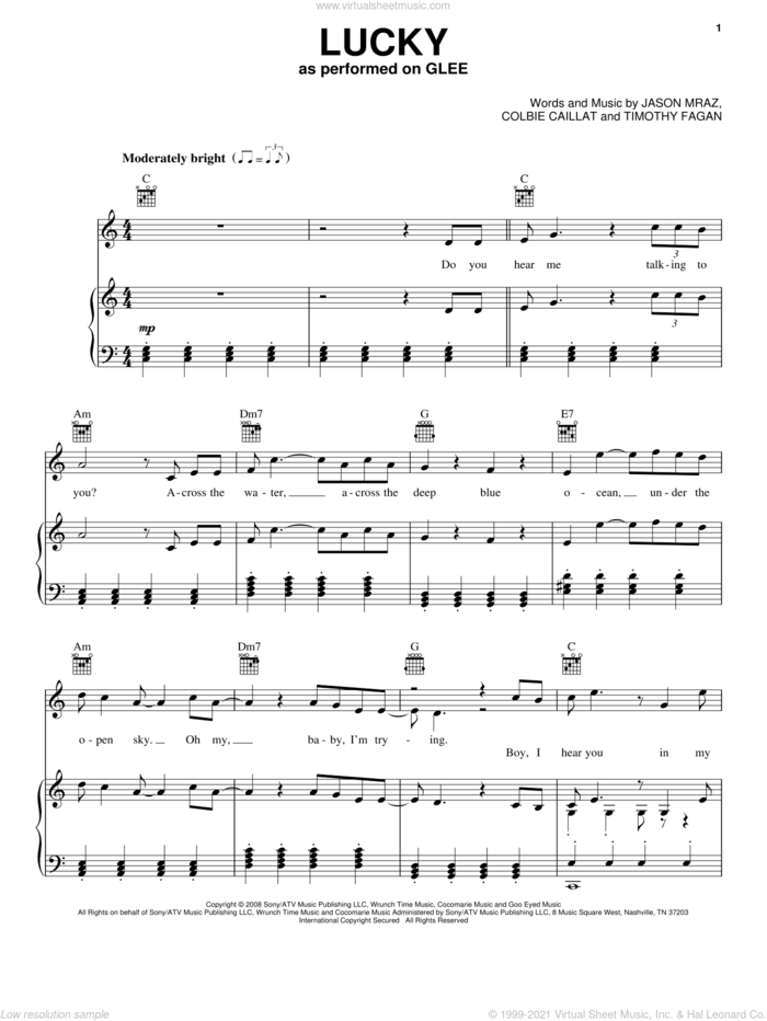 Lucky sheet music for voice, piano or guitar by Glee Cast, Jason Mraz & Colbie Caillat, Miscellaneous, Colbie Caillat, Jason Mraz and Timothy Fagan, wedding score, intermediate skill level