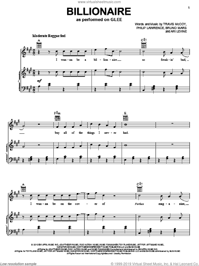 Billionaire sheet music for voice, piano or guitar by Glee Cast, Miscellaneous, Travie McCoy, Travie McCoy featuring Bruno Mars, Ari Levine, Bruno Mars and Philip Lawrence, intermediate skill level