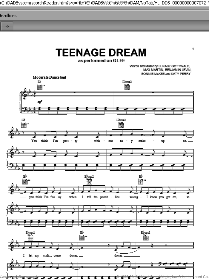 Teenage Dream sheet music for voice, piano or guitar by Glee Cast, Miscellaneous, Benjamin Levin, Bonnie McKee, Katy Perry, Lukasz Gottwald and Max Martin, intermediate skill level