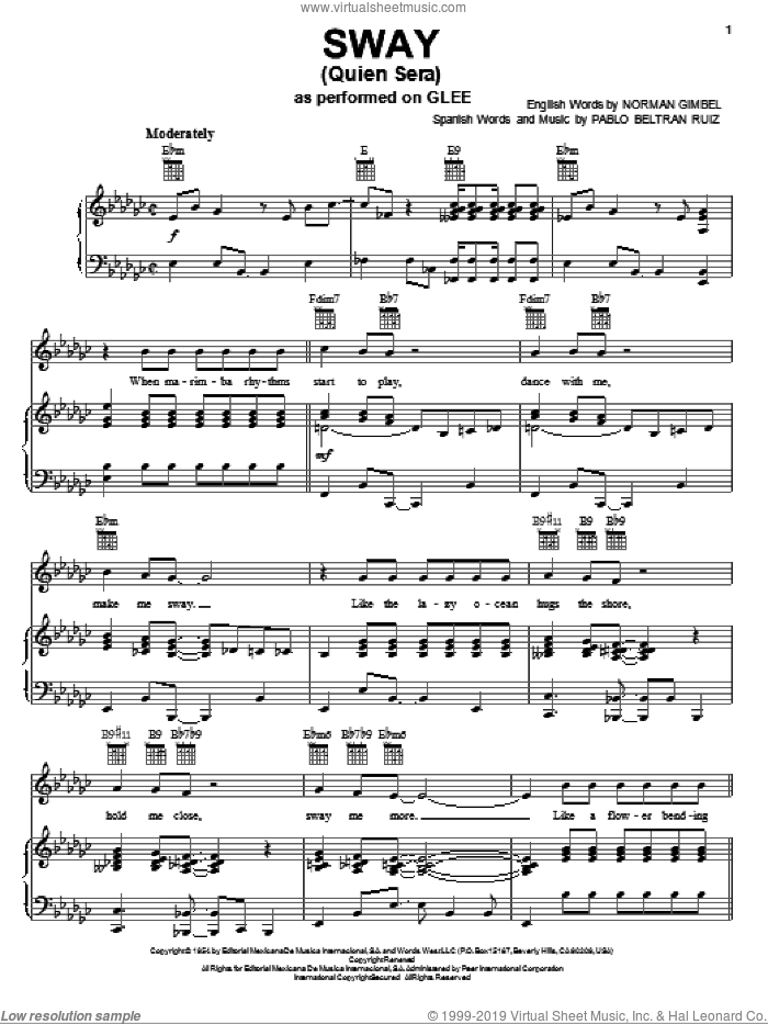 Sway (Quien Sera) sheet music for voice, piano or guitar by Glee Cast, Dean Martin, Michael Buble, Miscellaneous, Norman Gimbel and Pablo Beltran Ruiz, intermediate skill level