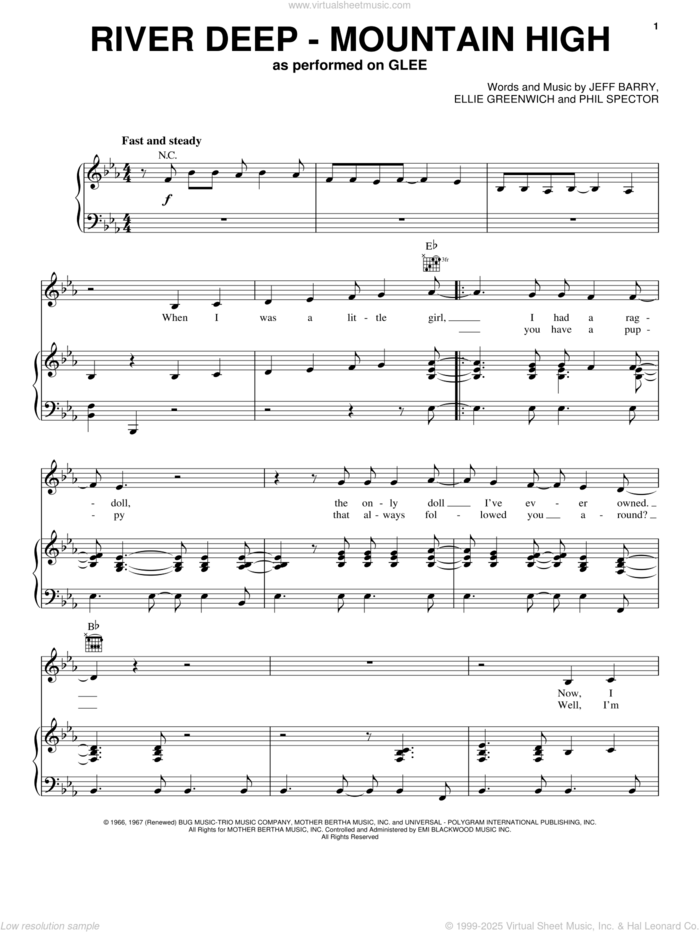 River Deep - Mountain High sheet music for voice, piano or guitar by Glee Cast, Celine Dion, Miscellaneous, Tina Turner, Ellie Greenwich, Jeff Barry and Phil Spector, intermediate skill level