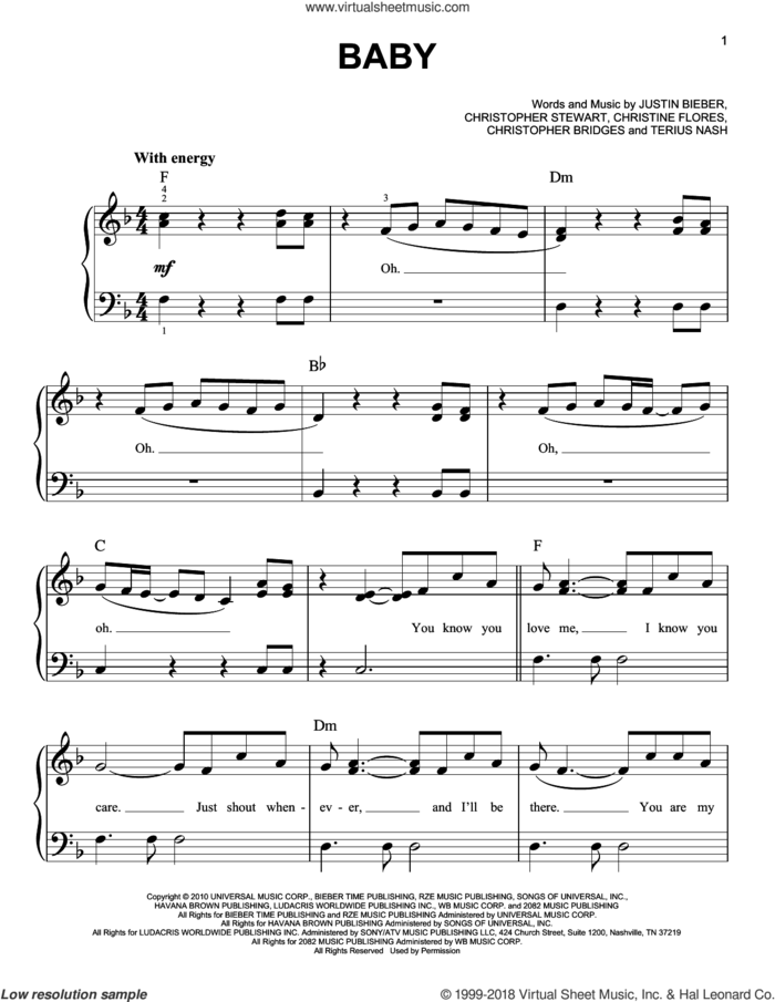 Baby sheet music for piano solo by Justin Bieber featuring Ludacris, Miscellaneous, Christine Flores, Christopher Bridges, Christopher Stewart, Justin Bieber and Terius Nash, easy skill level