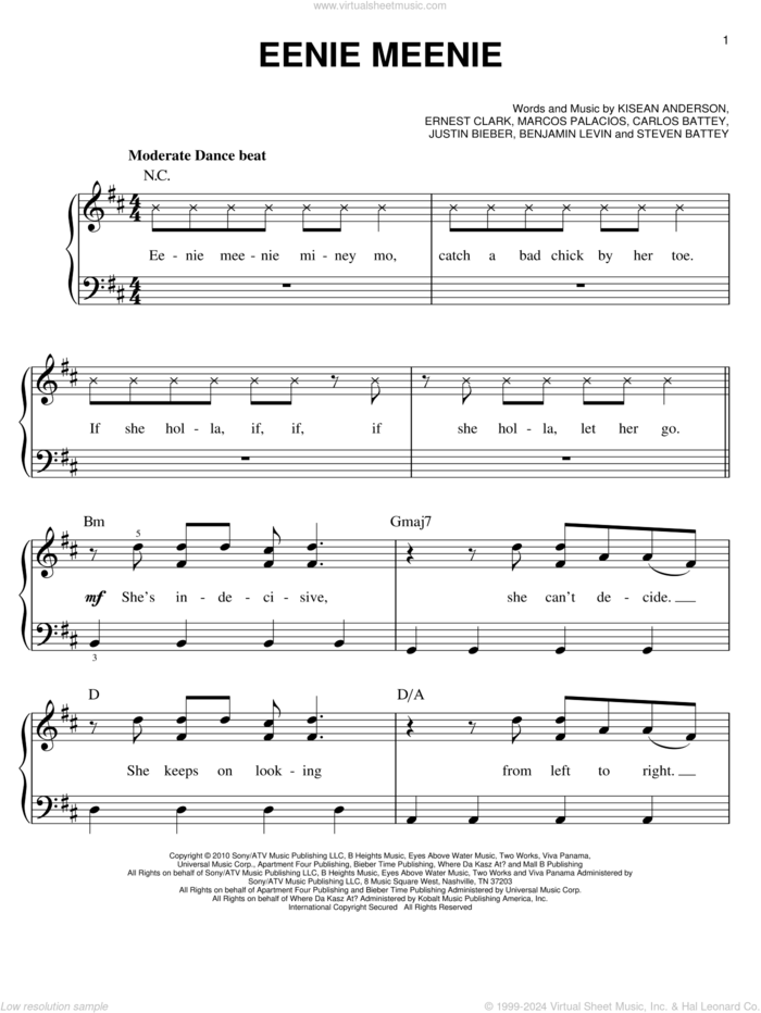 Eenie Meenie, (easy) sheet music for piano solo by Sean Kingston & Justin Bieber, Sean Kingston, Benjamin Levin, Carlos Battey, Ernest Clark, Justin Bieber, Kisean Anderson, Marcos Palacios and Steven Battey, easy skill level