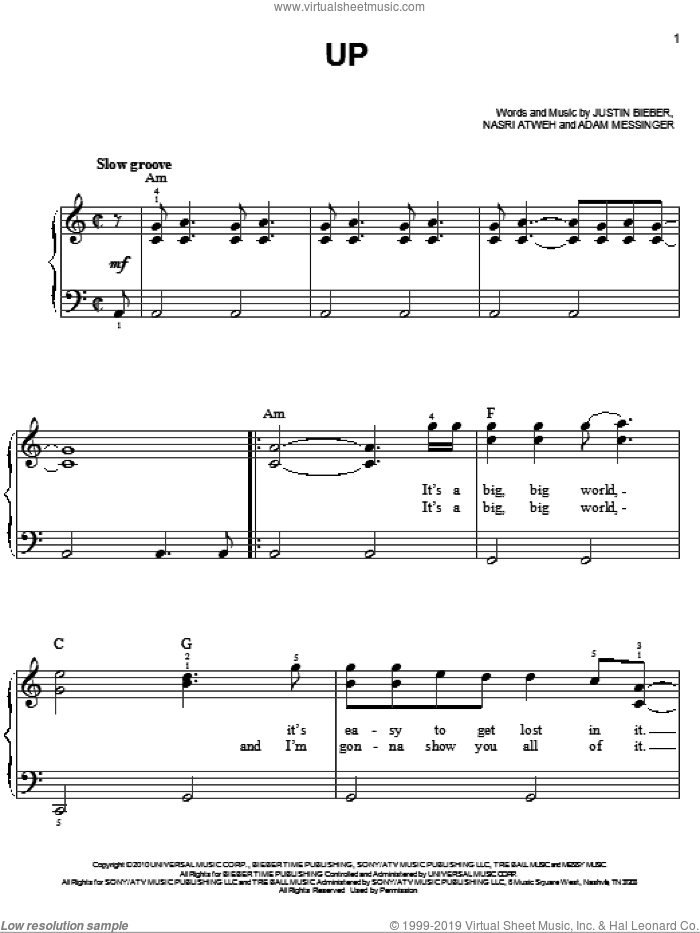 Up sheet music for piano solo by Justin Bieber, Adam Messinger and Nasri Atweh, easy skill level