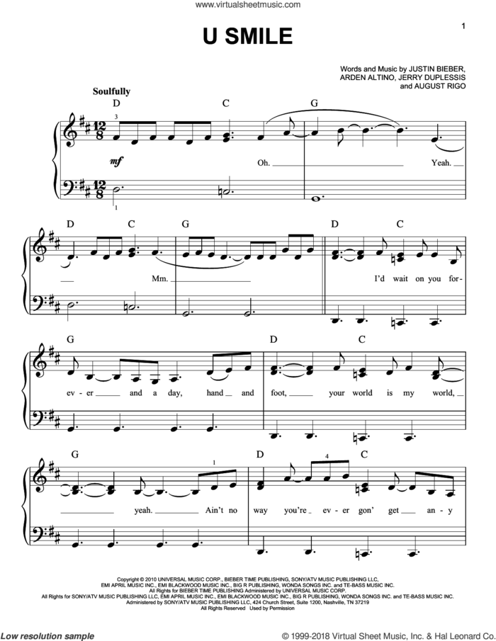 U Smile sheet music for piano solo by Justin Bieber, Arden Altino, Dan Rigo and Jerry Duplessis, easy skill level