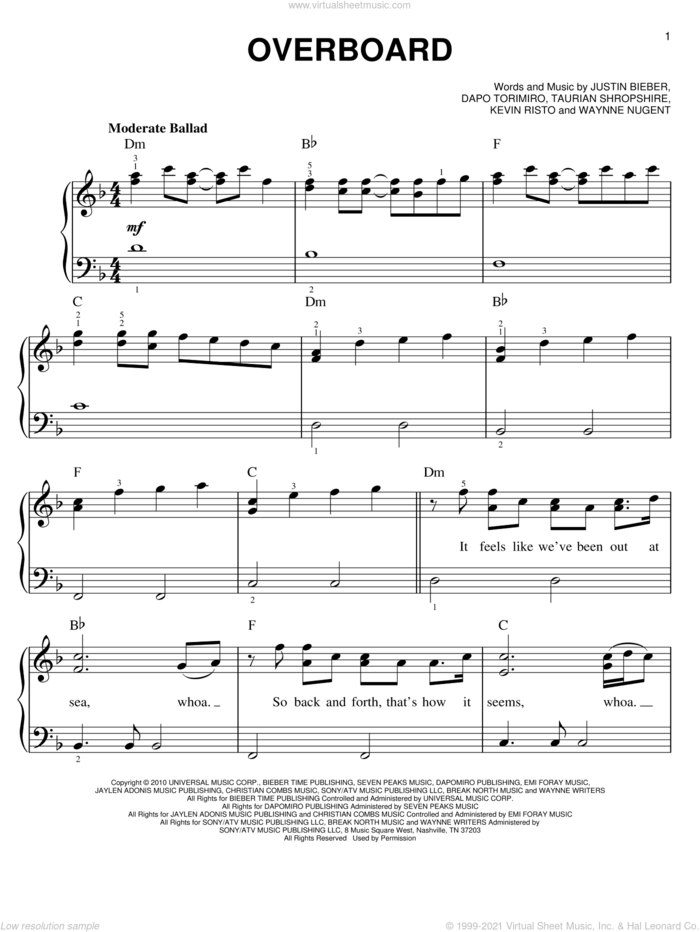 Overboard sheet music for piano solo by Justin Bieber, Dapo Torimiro, Kevin Risto, Taurian Shropshire and Waynne Nugent, easy skill level