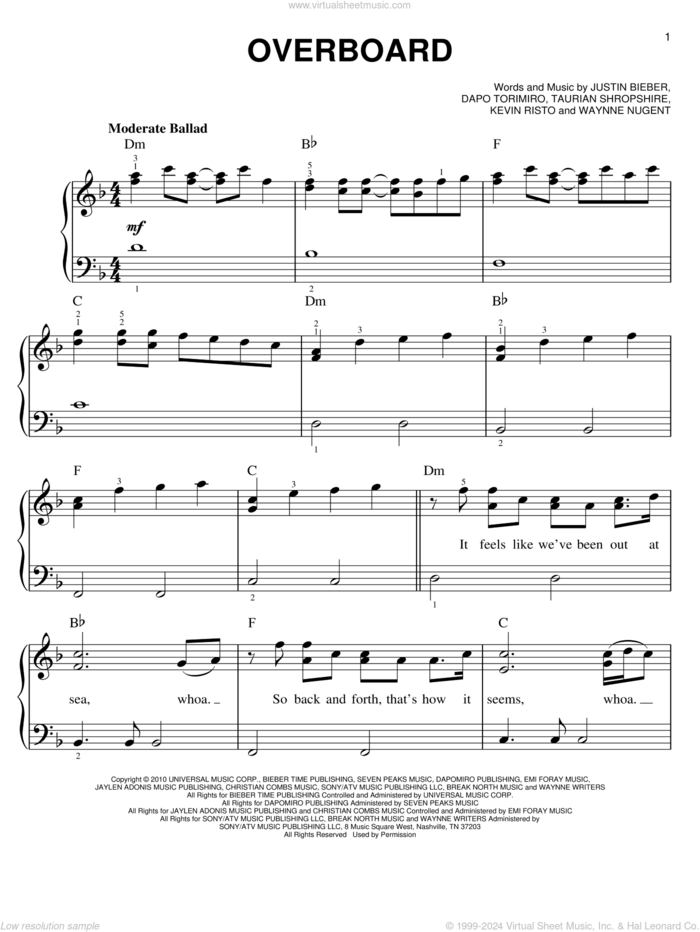 Overboard sheet music for piano solo by Justin Bieber, Dapo Torimiro, Kevin Risto, Taurian Shropshire and Waynne Nugent, easy skill level