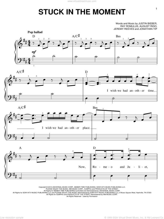 Stuck In The Moment sheet music for piano solo by Justin Bieber, August Rigo, Jeremy Reeves, Jonathan Yip and Ray Romulus, easy skill level