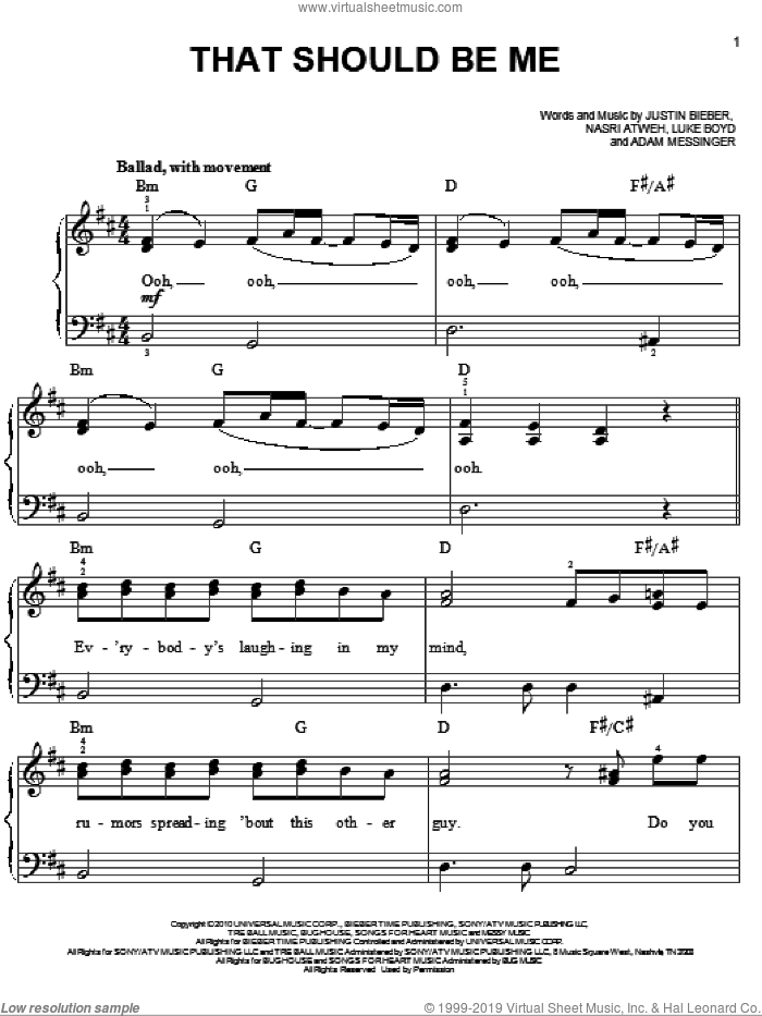 That Should Be Me sheet music for piano solo by Justin Bieber, Adam Messinger, Luke Boyd and Nasri Atweh, easy skill level
