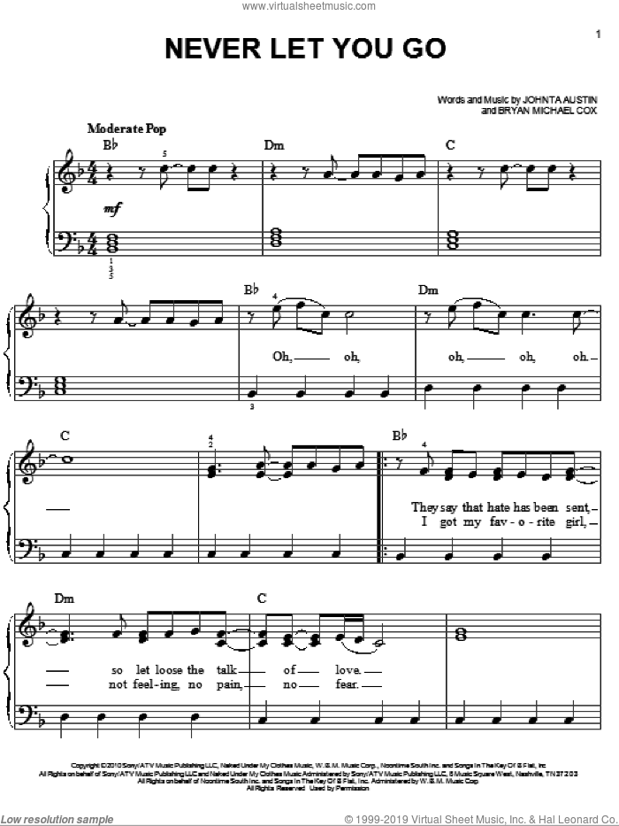 Never Let You Go sheet music for piano solo by Justin Bieber, Bryan Michael Cox and Johnta Austin, easy skill level