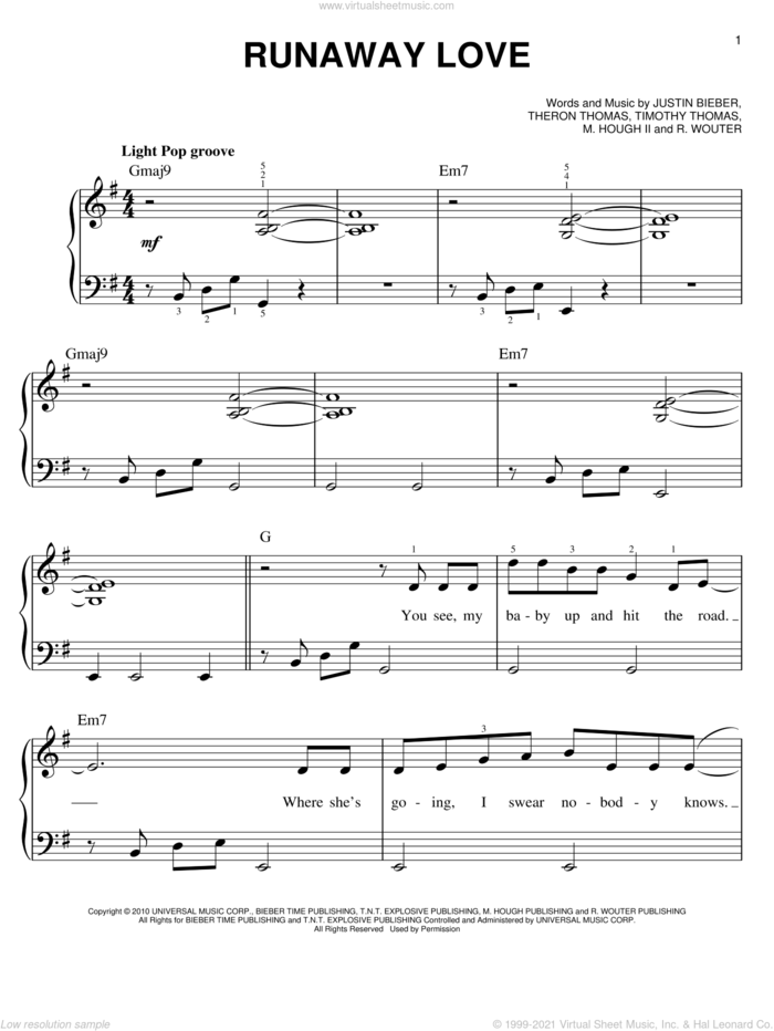 Runaway Love sheet music for piano solo by Justin Bieber, M. Hough II, R. Wouter, Theron Thomas and Timmy Thomas, easy skill level