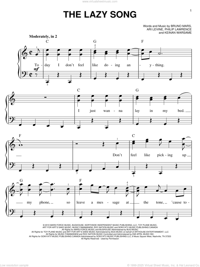 The Lazy Song sheet music for piano solo by Bruno Mars, Ari Levine, Keinan Warsame and Philip Lawrence, easy skill level