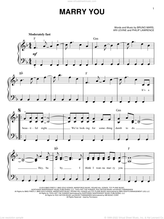 Marry You sheet music for piano solo by Bruno Mars, Ari Levine and Philip Lawrence, wedding score, easy skill level