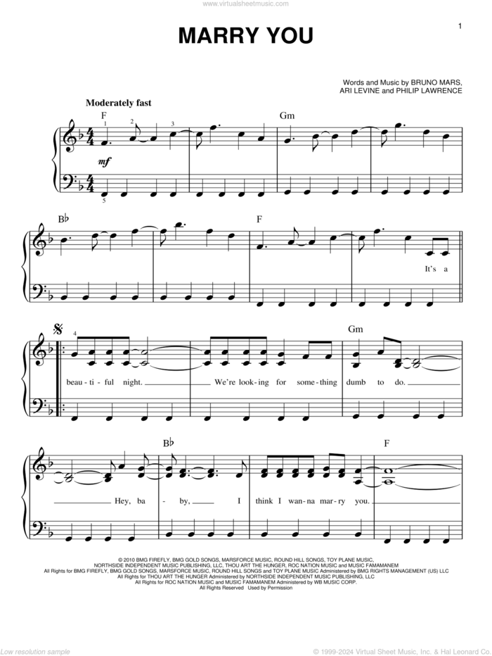 Marry You sheet music for piano solo by Bruno Mars, Ari Levine and Philip Lawrence, wedding score, easy skill level