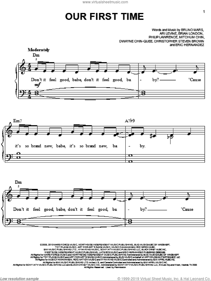 Our First Time sheet music for piano solo by Bruno Mars, Ari Levine, Brian Wiggins, Christopher Steven Brown, Dwayne Chin-Quee, Eric Hernandez, Mitchum Chin and Philip Lawrence, easy skill level
