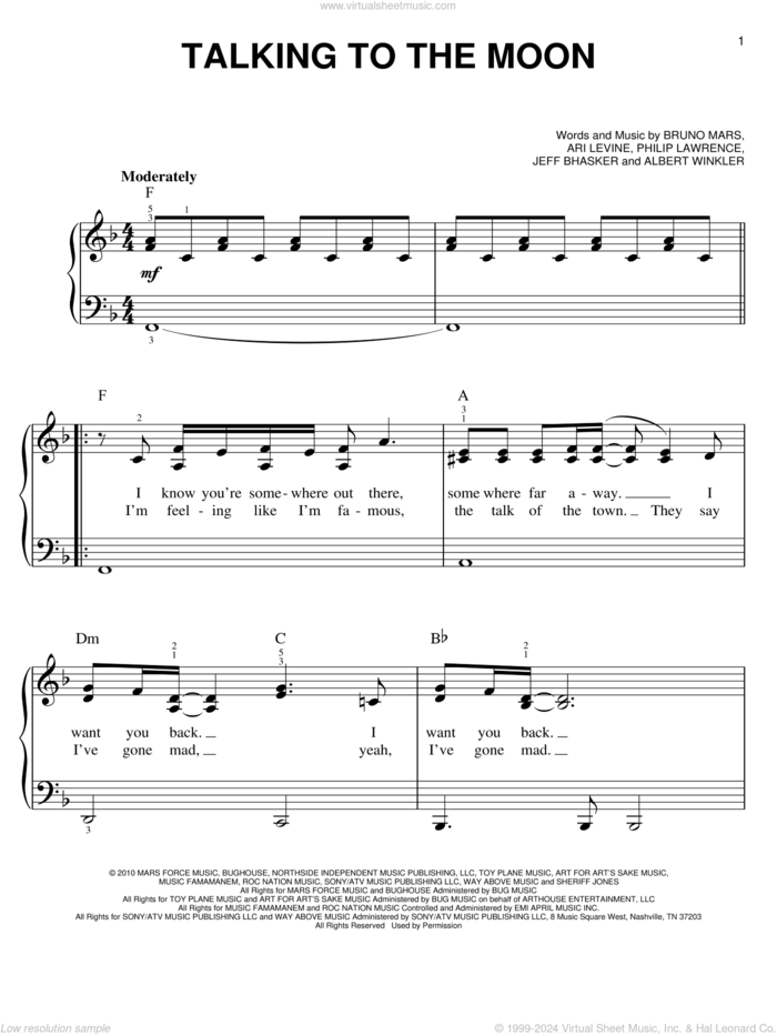 Talking To The Moon sheet music for piano solo by Bruno Mars, Albert Winkler, Ari Levine, Jeff Bhasker and Philip Lawrence, easy skill level