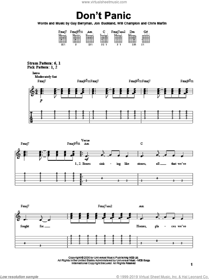 Don't Panic sheet music for guitar solo (easy tablature) by Coldplay, Chris Martin, Guy Berryman, Jon Buckland and Will Champion, easy guitar (easy tablature)