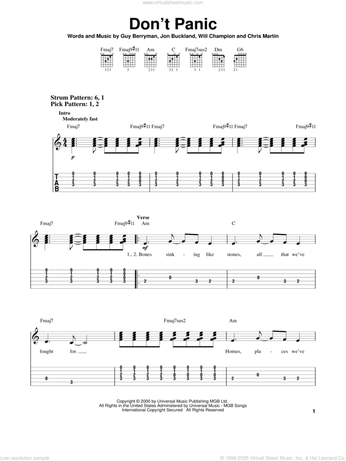 Don't Panic sheet music for guitar solo (easy tablature) by Coldplay, Chris Martin, Guy Berryman, Jon Buckland and Will Champion, easy guitar (easy tablature)