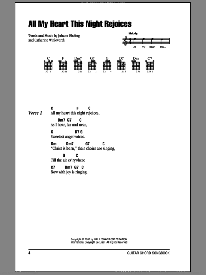 All My Heart This Night Rejoices sheet music for guitar (chords) by Paul Gerhardt and Catherine Winkworth, intermediate skill level