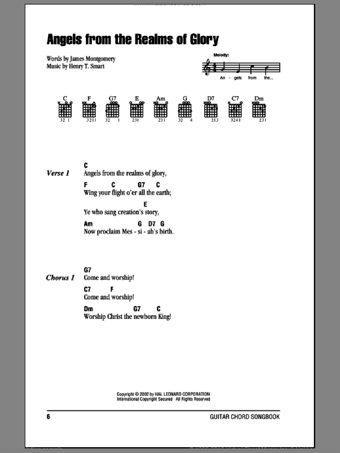 Angels From The Realms Of Glory sheet music for guitar (chords) by James Montgomery and Henry T. Smart, intermediate skill level
